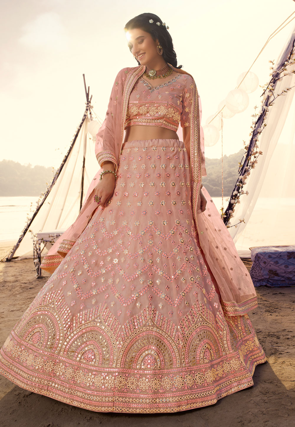 Pink Organza Circular Party Wear Lehenga Choli 216893