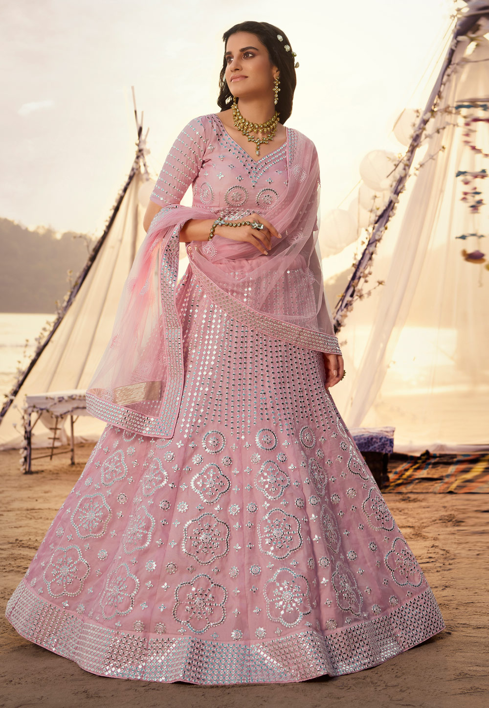 Pink Organza Circular Wedding Lehenga Choli 216895