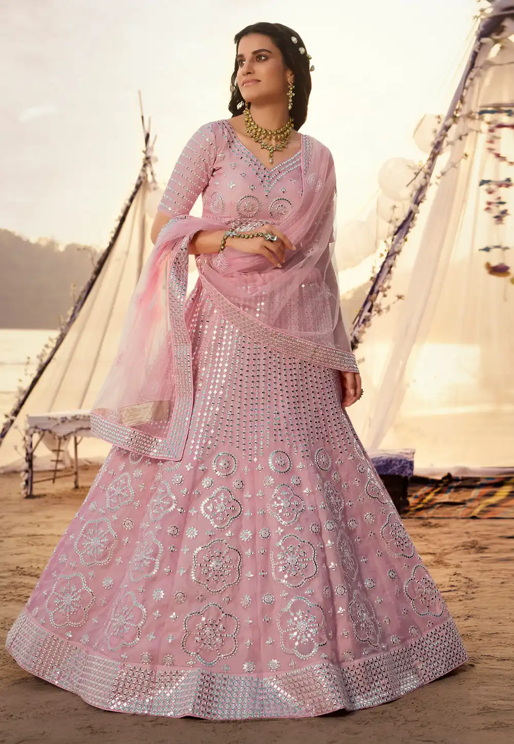 Pink Organza Circular Wedding Lehenga Choli 216895