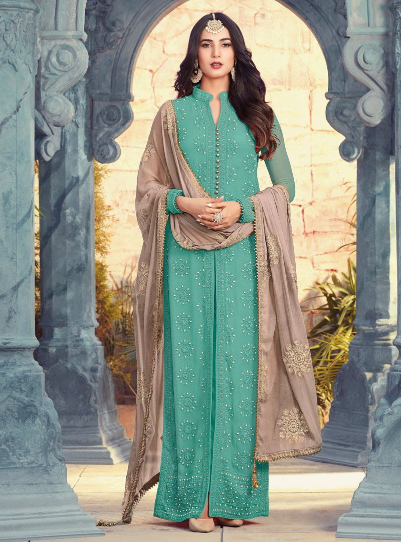 Sonal Chauhan Teal Georgette Straight Cut Salwar Suit 130337