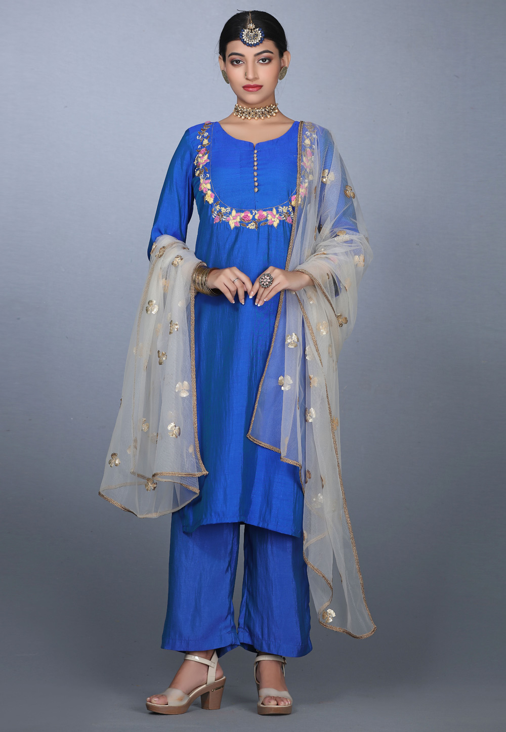 Blue Art Silk Handwork Palazzo Suit 240146