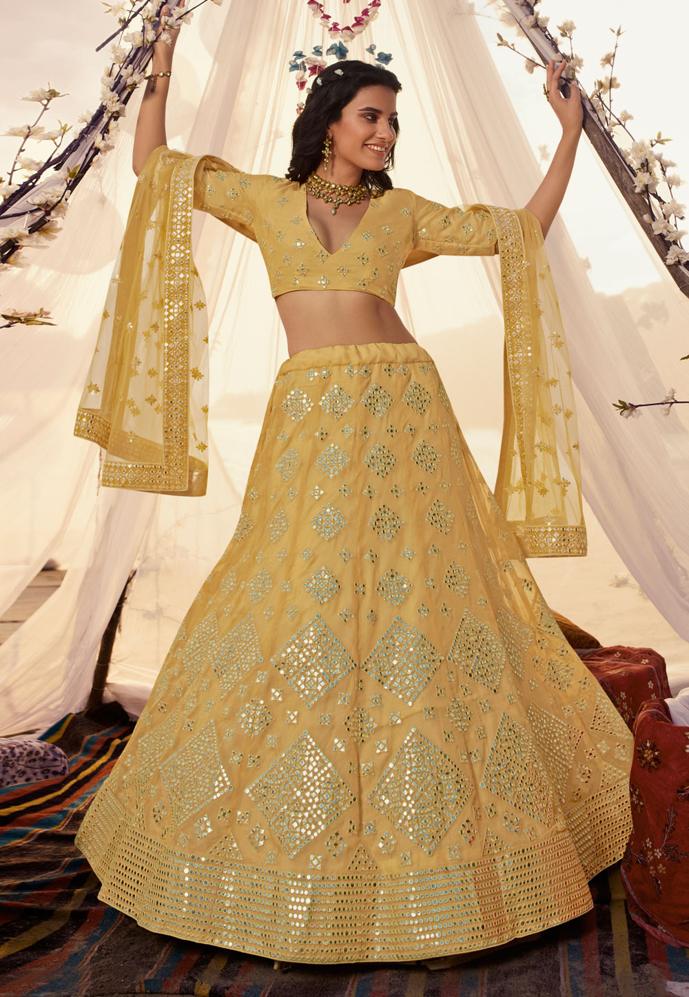 Yellow Organza Circular Mehendi Lehenga Choli 216898