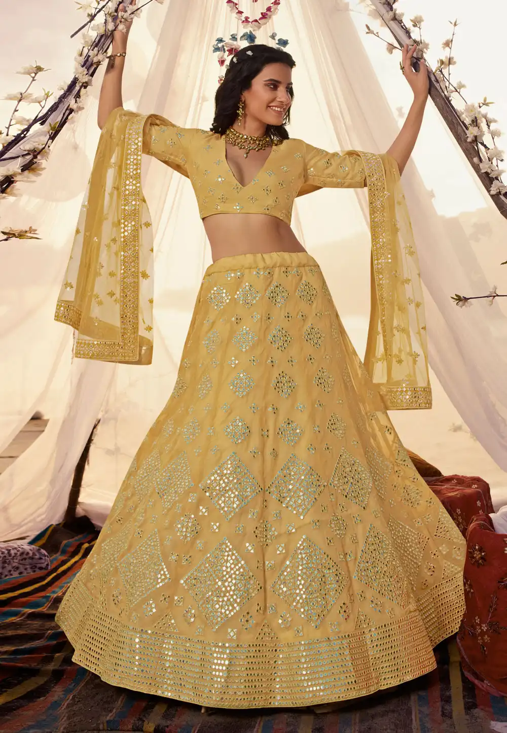 Yellow Organza Circular Mehendi Lehenga Choli 216898