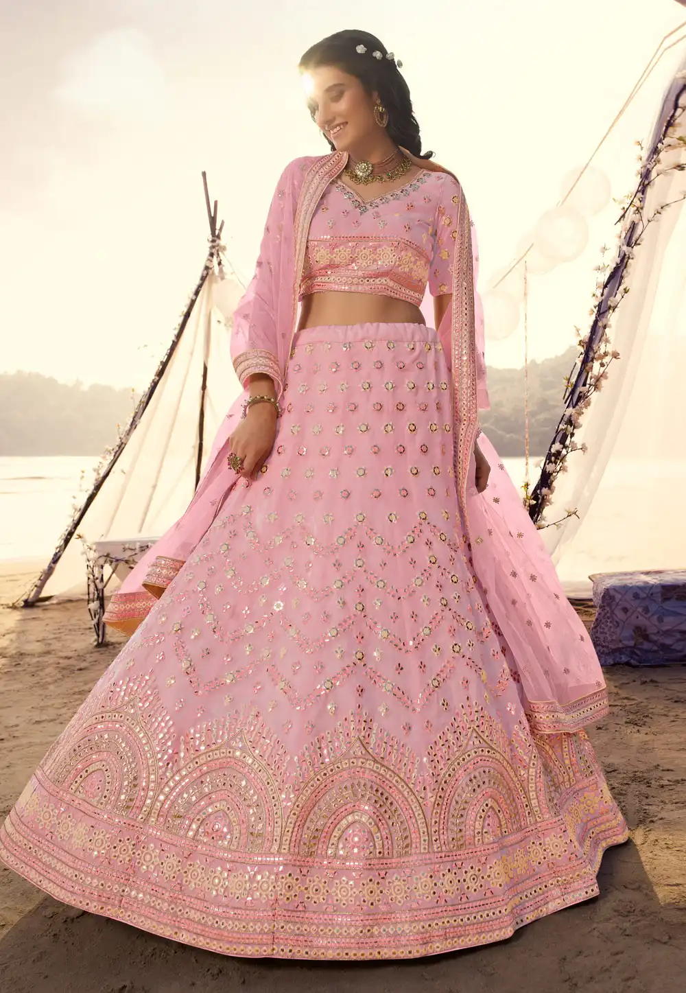 Pink Organza Circular Party Wear Lehenga Choli 246020