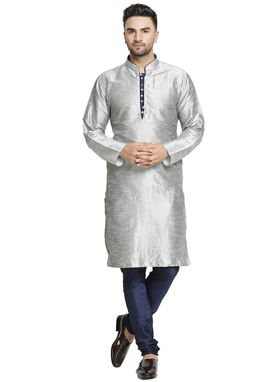 Grey Dupion Silk Readymade Kurta Pajama 193010