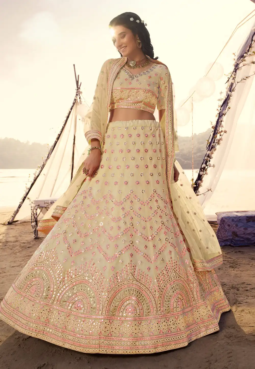 Light Yellow Organza Circular Wedding Lehenga Choli 246021