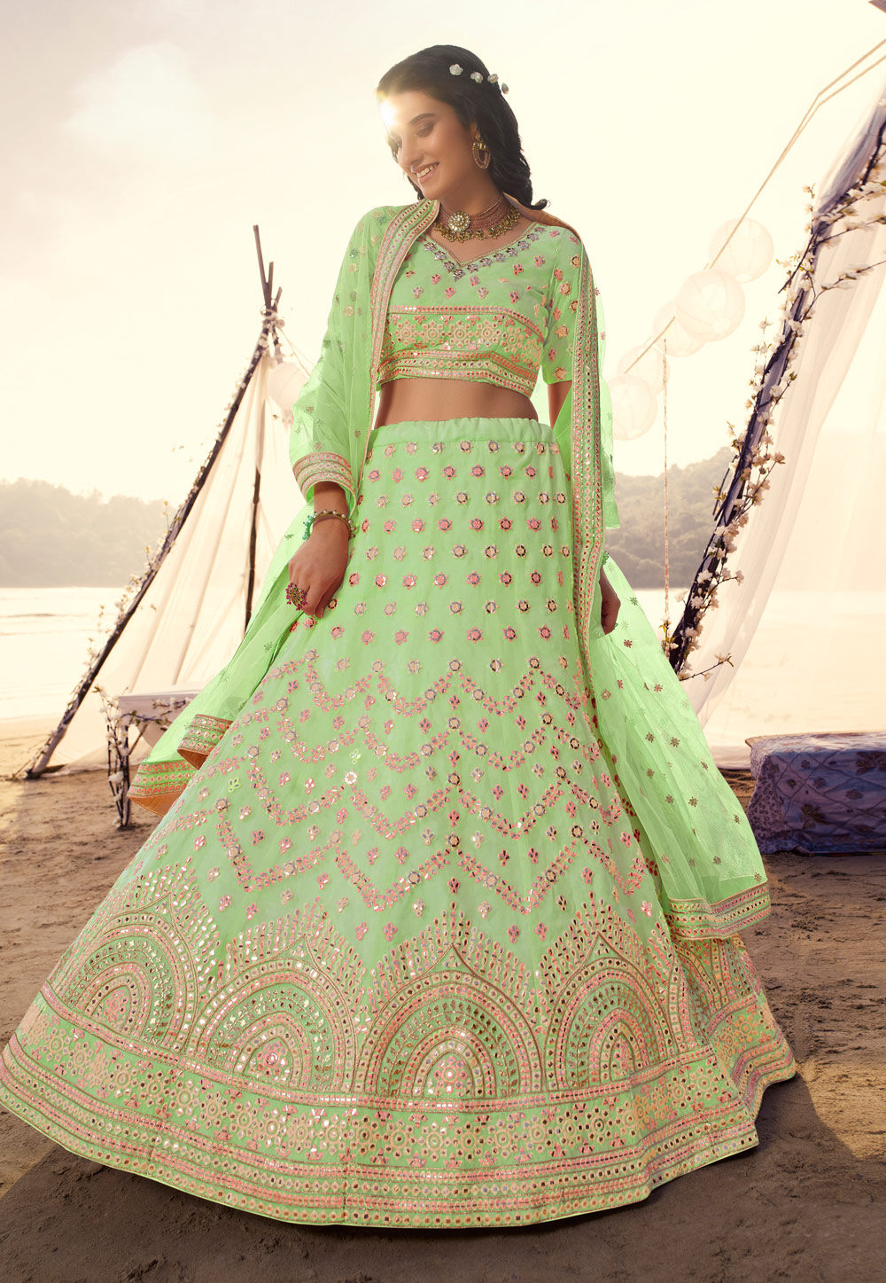 Light Green Organza Circular Party Wear Lehenga Choli 246022