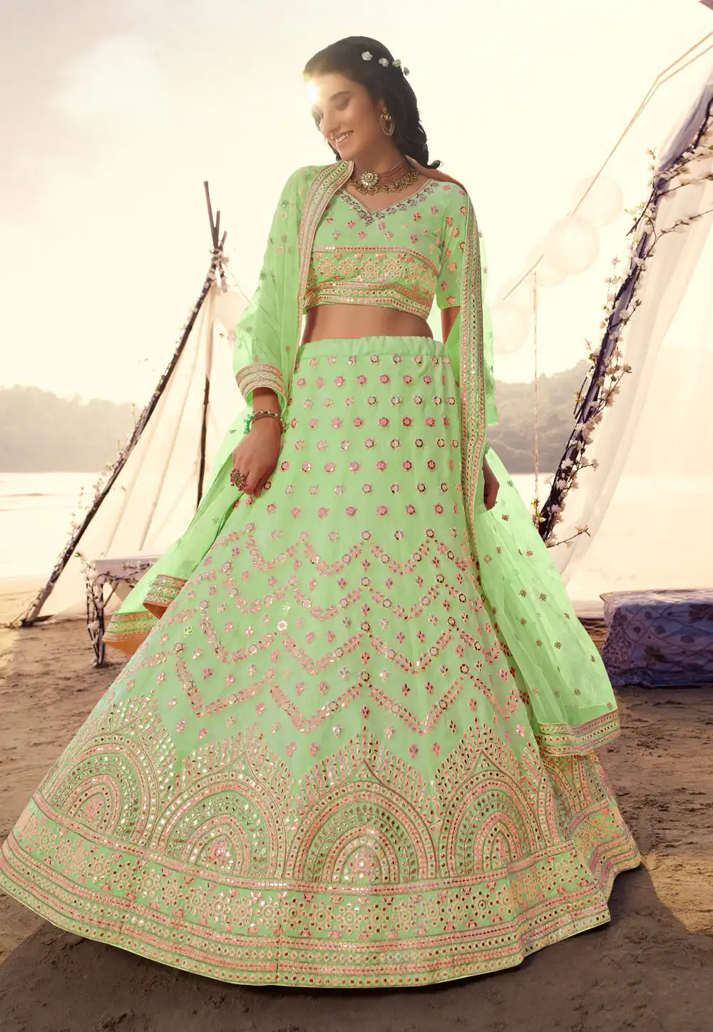 Light Green Organza Circular Party Wear Lehenga Choli 246022