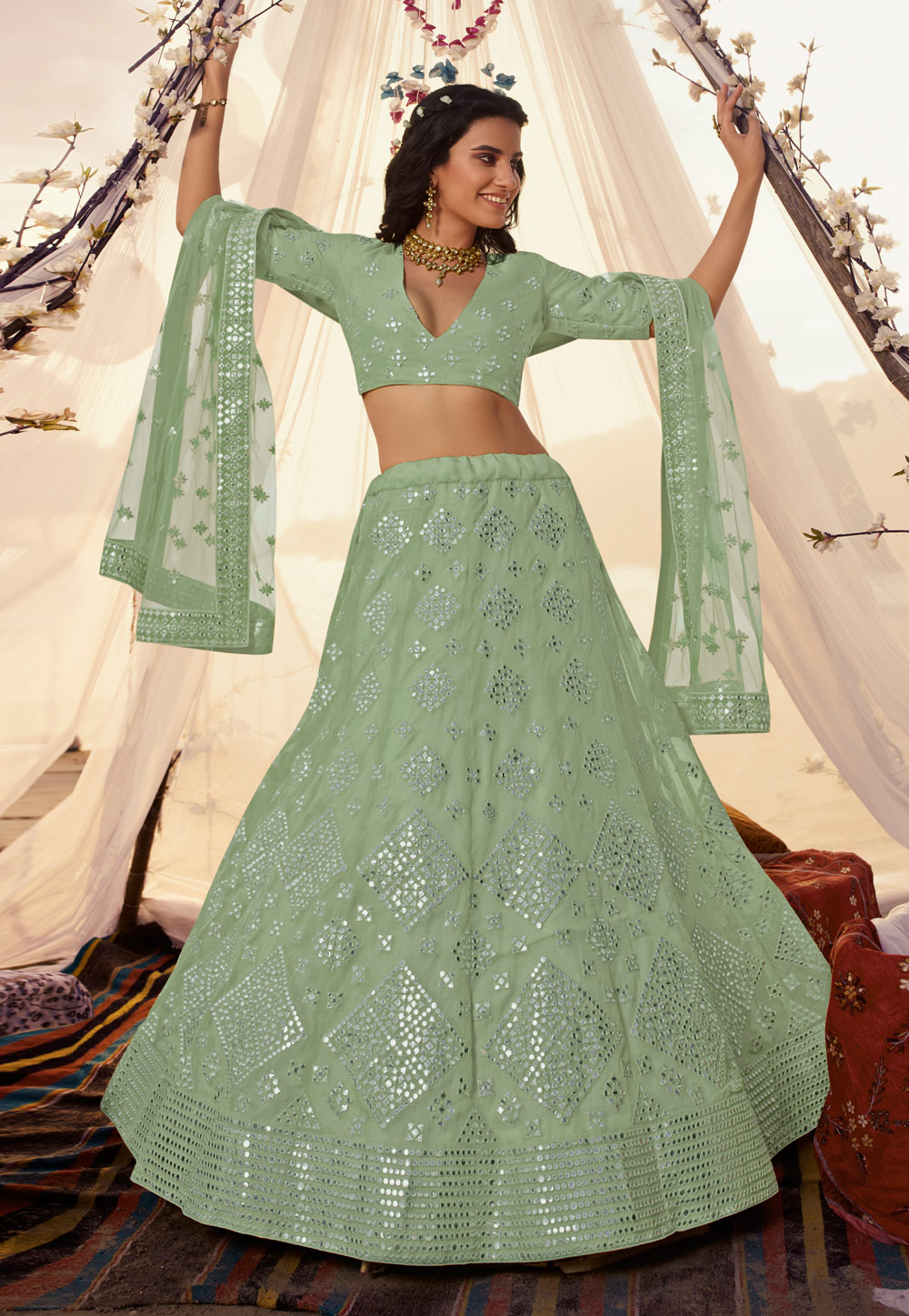 Pista Green Organza Circular Wedding Lehenga Choli 246023