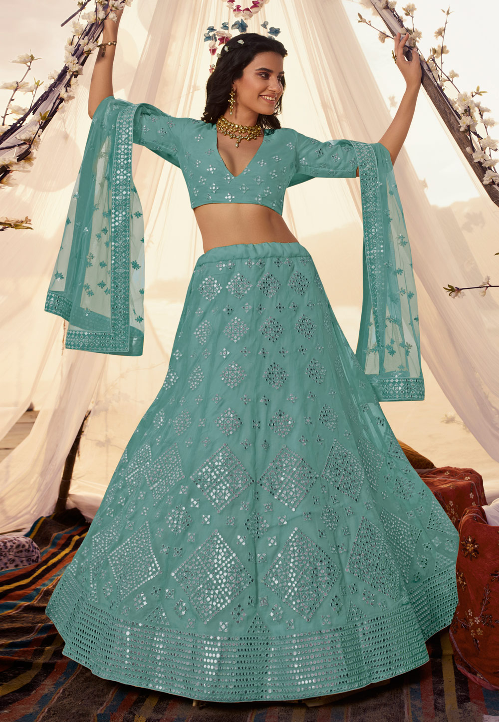 Sea Green Organza Circular Wedding Lehenga Choli 246025