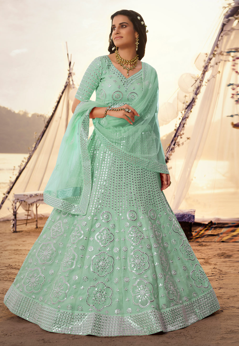 Light Green Organza Circular Wedding Lehenga Choli 246027