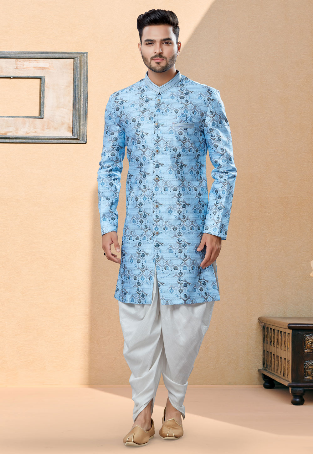 Sky Blue Jacquard Indo Western Suit 251998