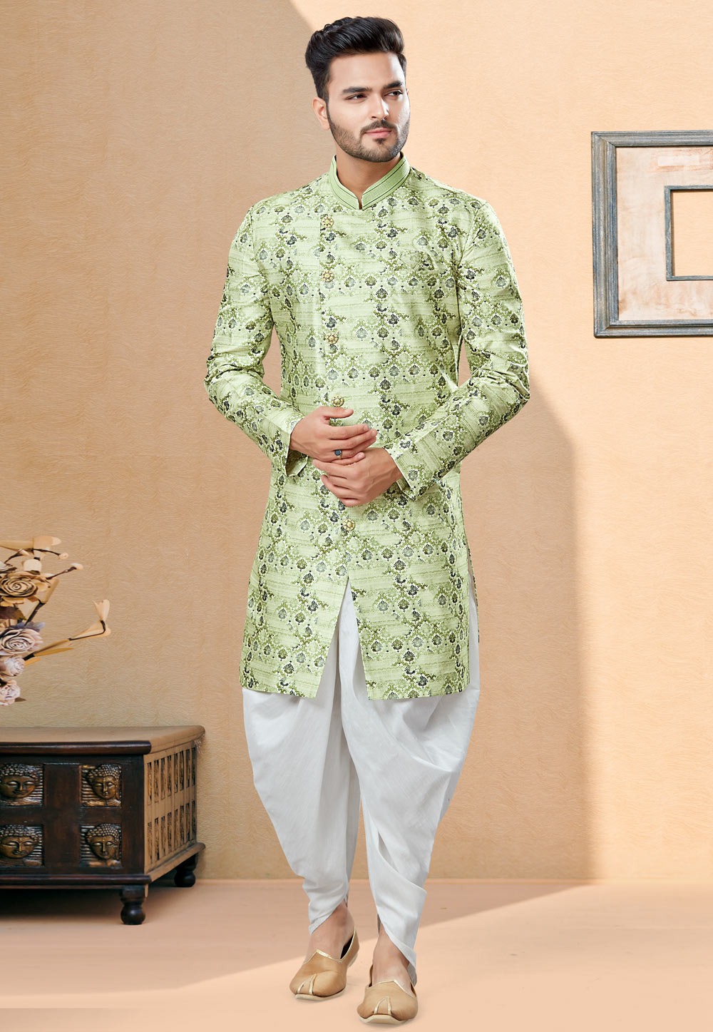 Light Green Jacquard Indo Western Suit 251999