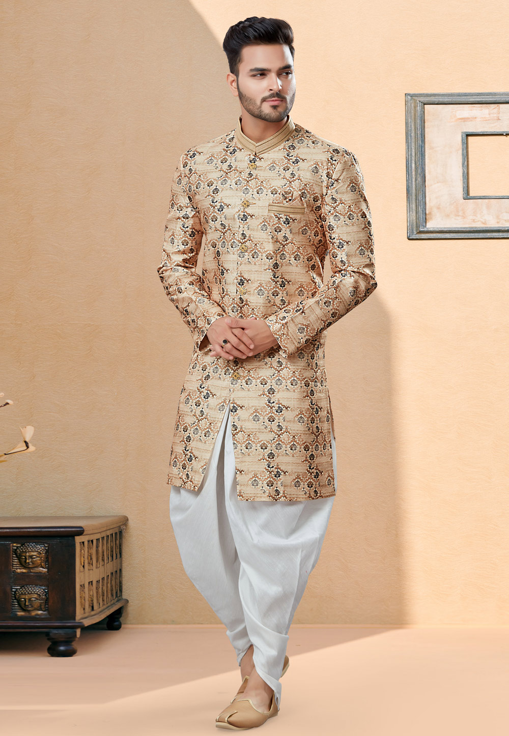 Beige Jacquard Indo Western Suit 252001