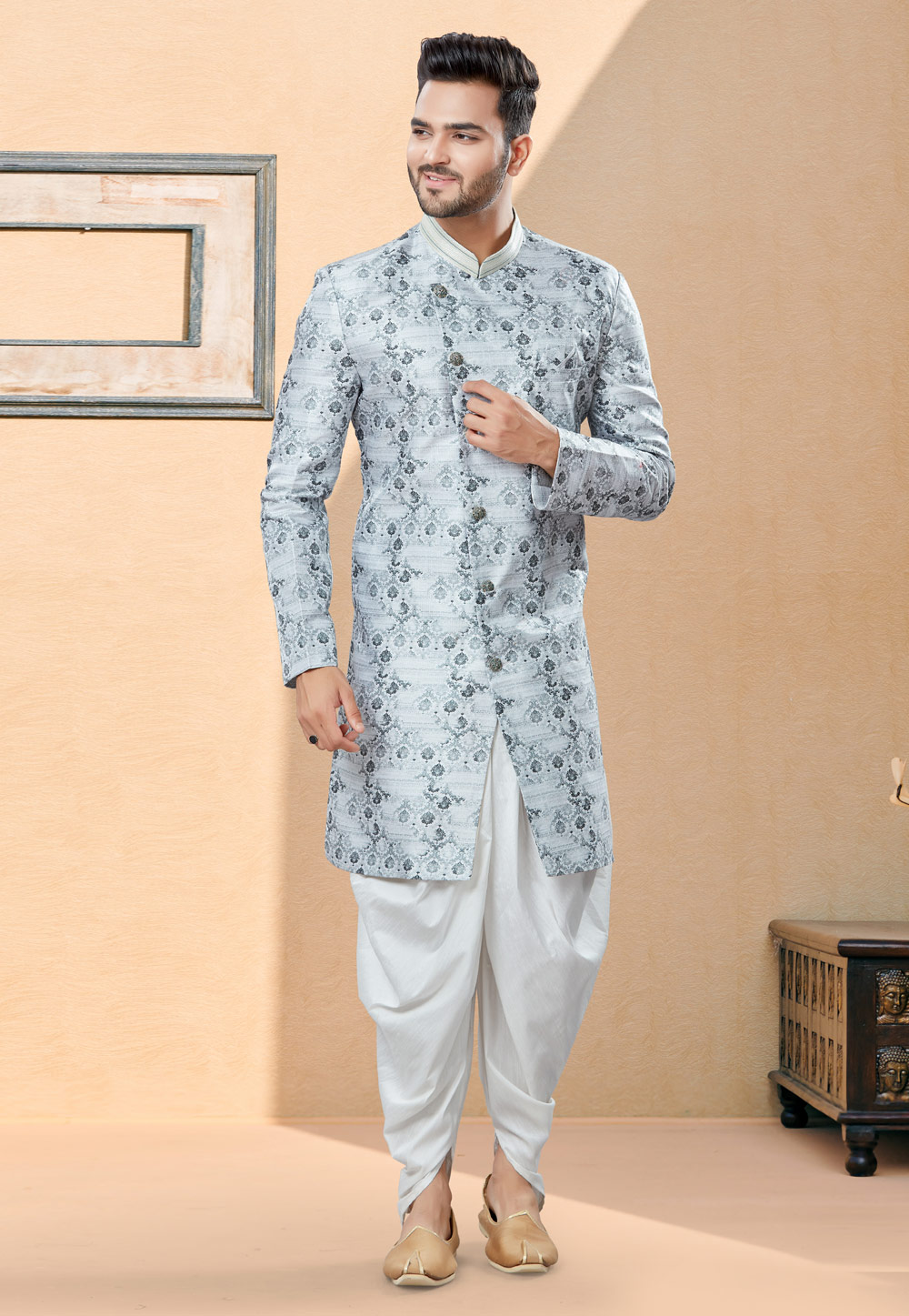Sky Blue Jacquard Indo Western Suit 252002
