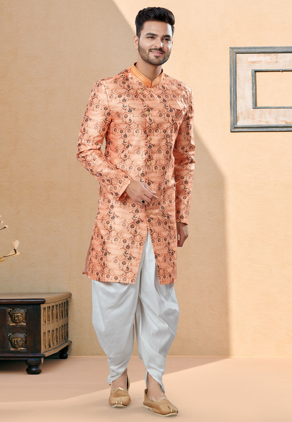 Peach Jacquard Indo Western Suit 252003