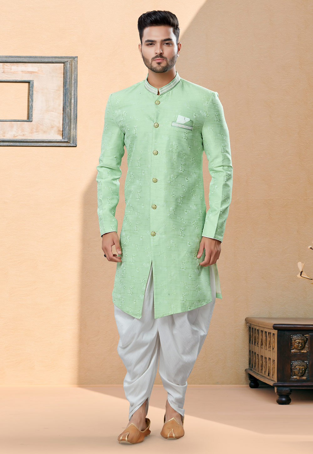 Pista Green Banarasi Jacquard Indo Western Suit 252004