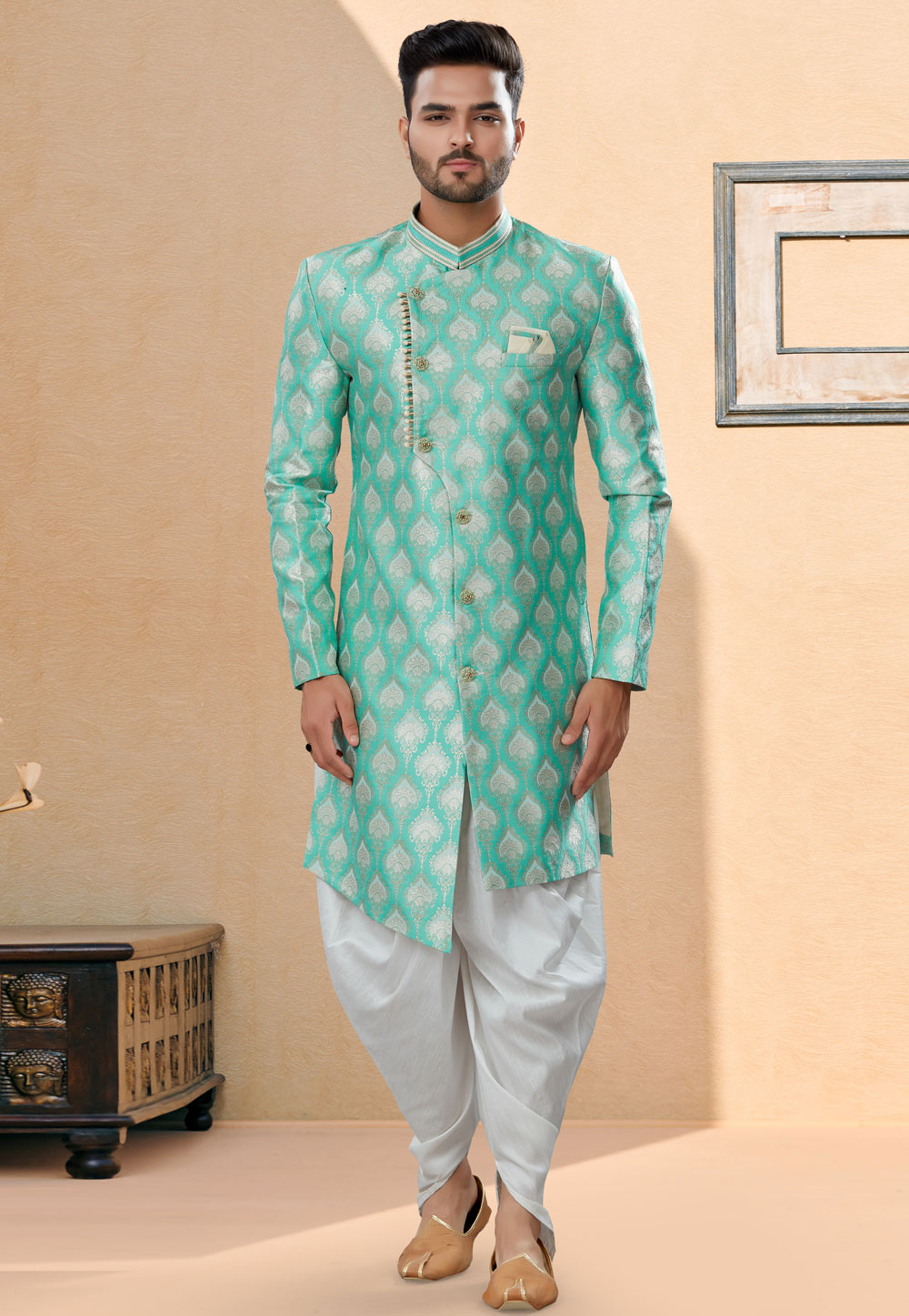 Sea Green Banarasi Jacquard Indo Western Suit 252010