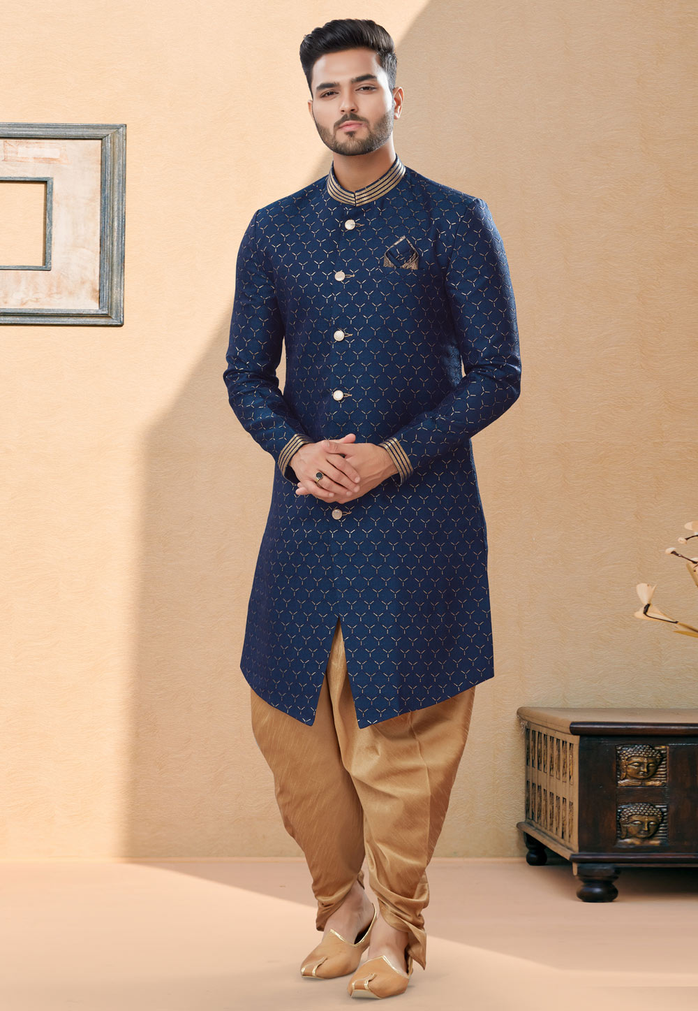 Navy Blue Jacquard Indo Western Suit 252013