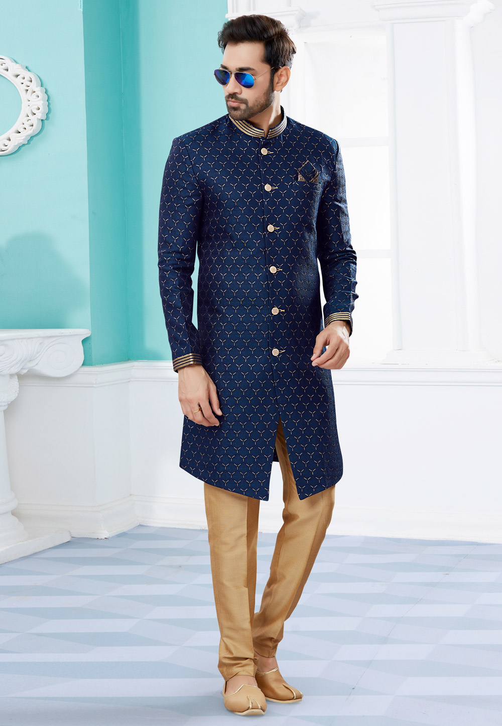 Navy Blue Jacquard Indo Western Suit 252021