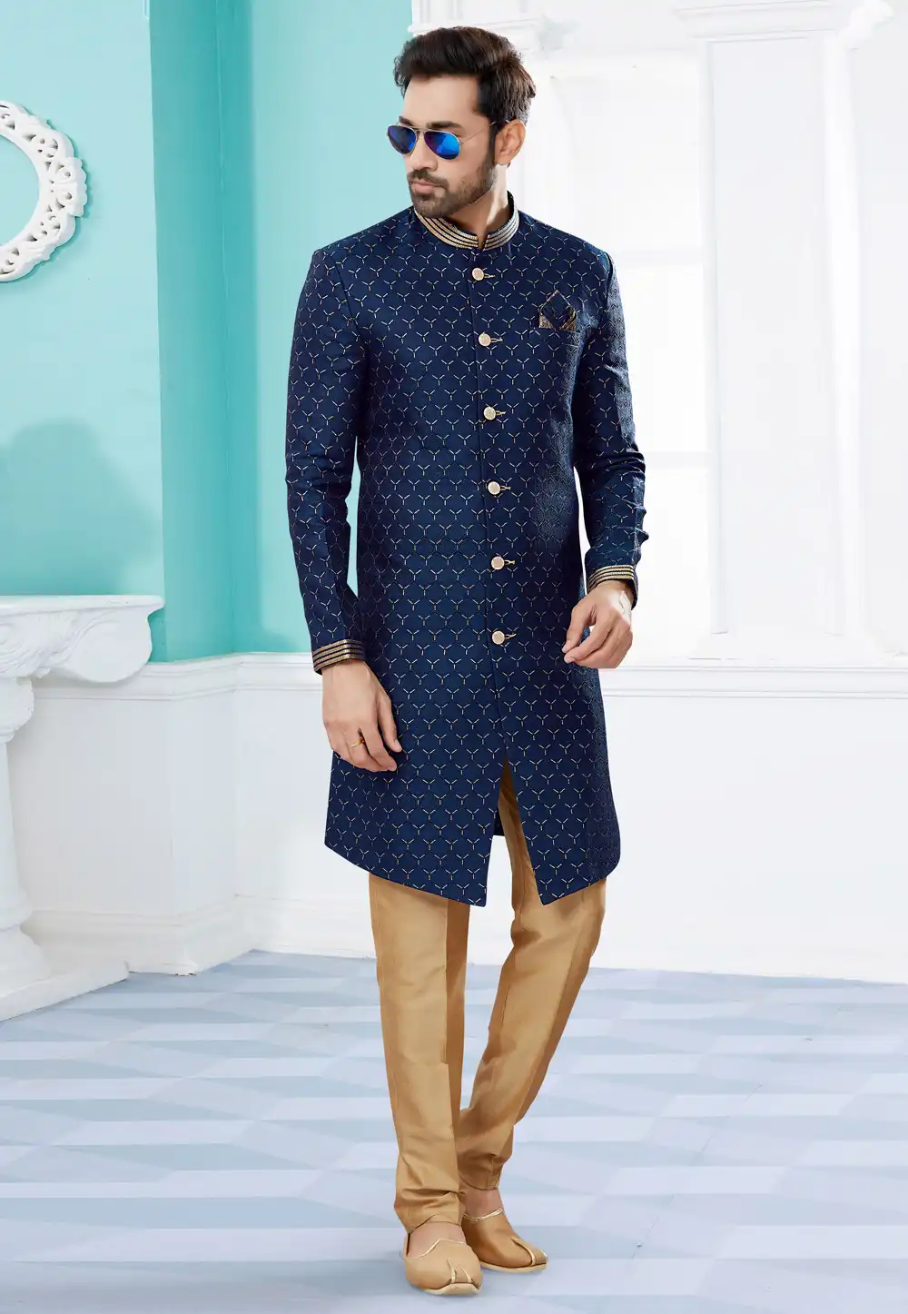 Navy Blue Jacquard Indo Western Suit 252021