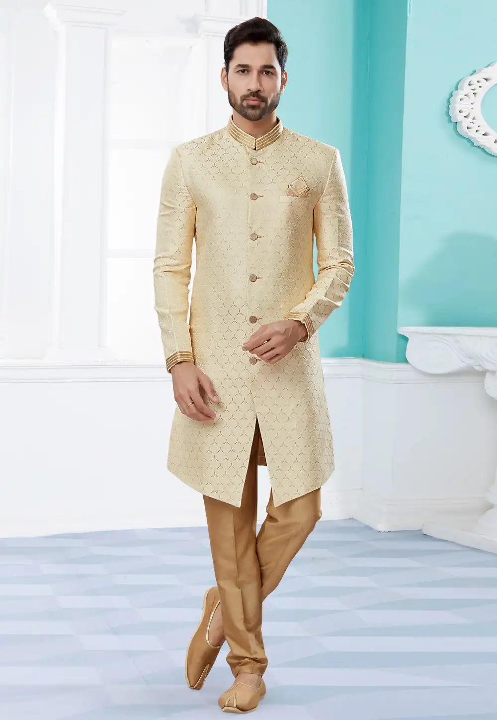 Beige Banarasi Jacquard Indo Western Suit 252022