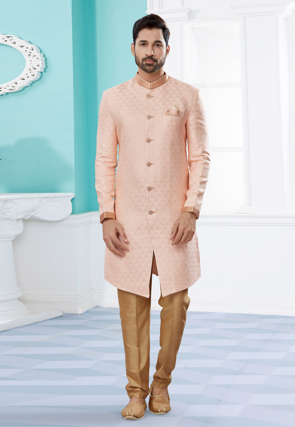 Peach Banarasi Jacquard Indo Western Suit 252023