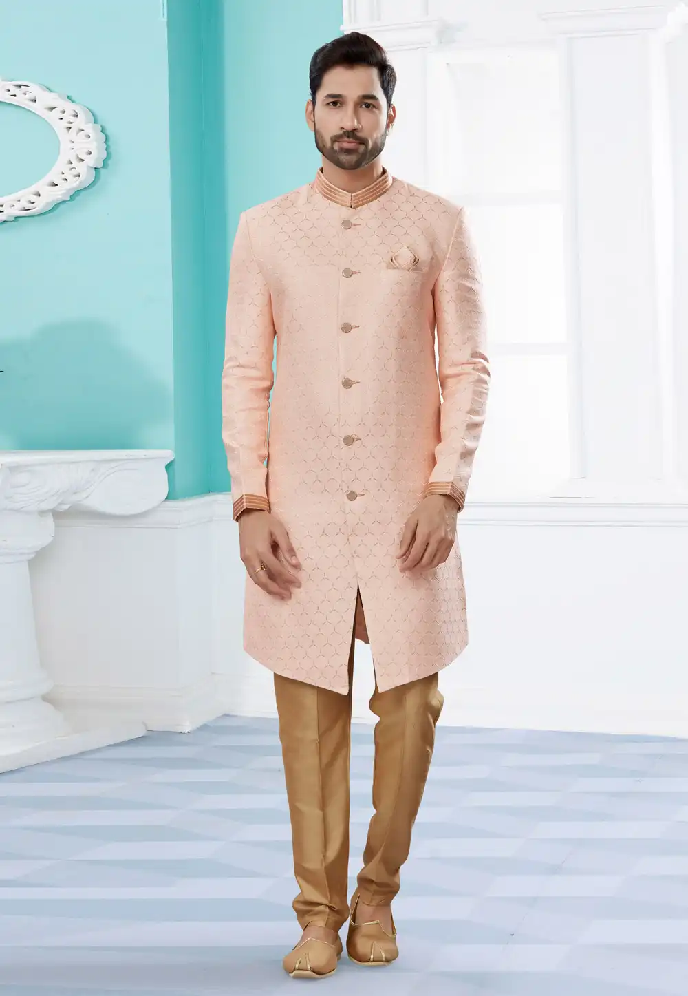 Peach Banarasi Jacquard Indo Western Suit 252023