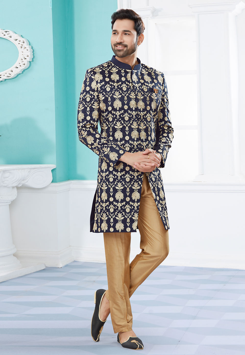 Navy Blue Velvet Indo Western Suit 252025