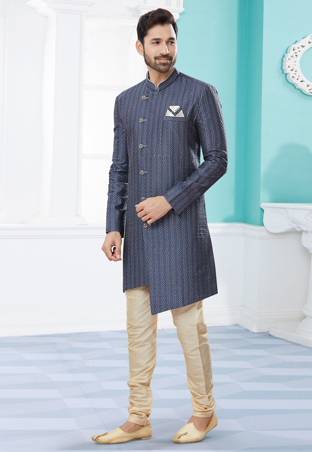 Navy Blue Jacquard Indo Western Suit 252026