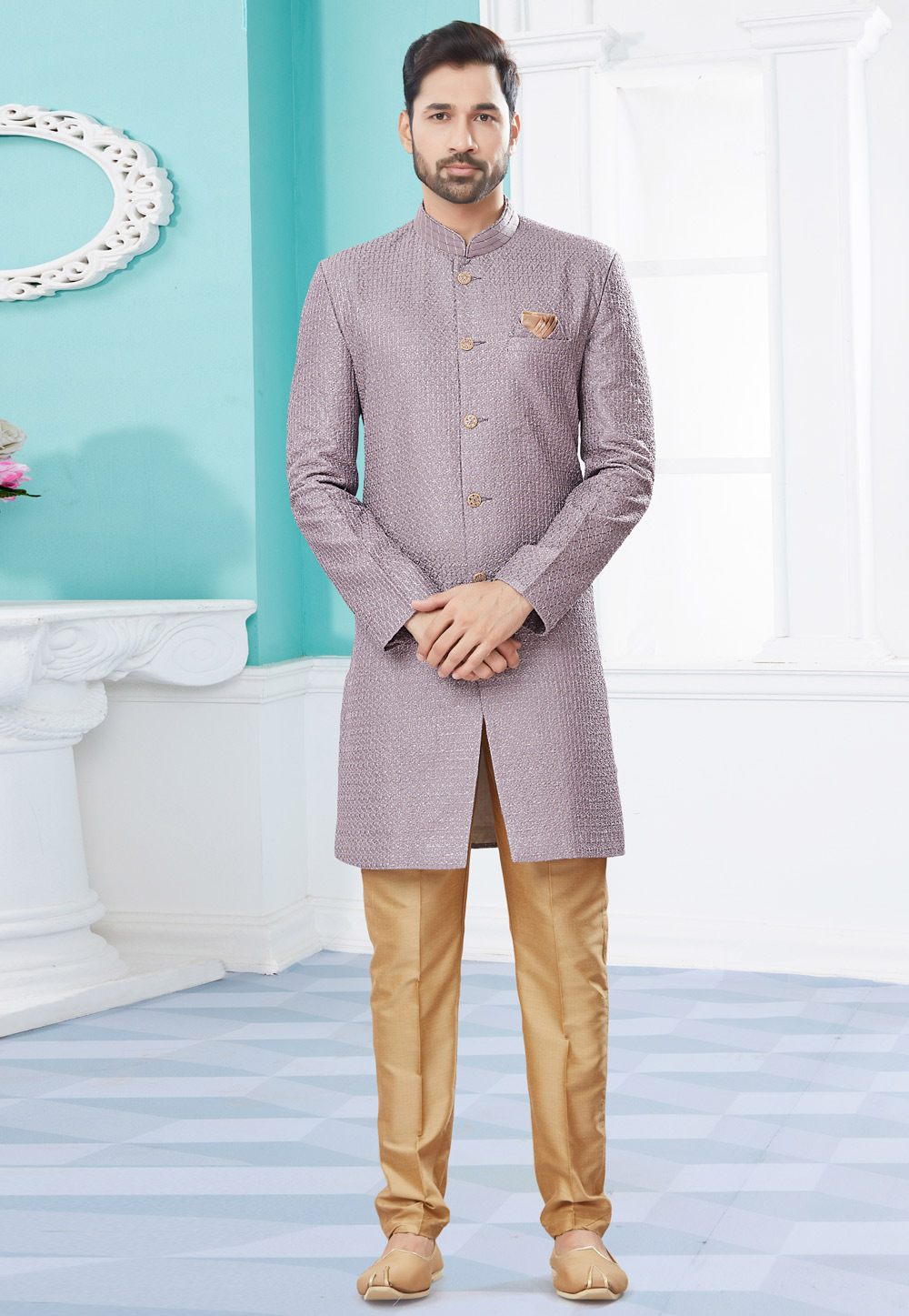 Light Purple Jacquard Indo Western Suit 252027