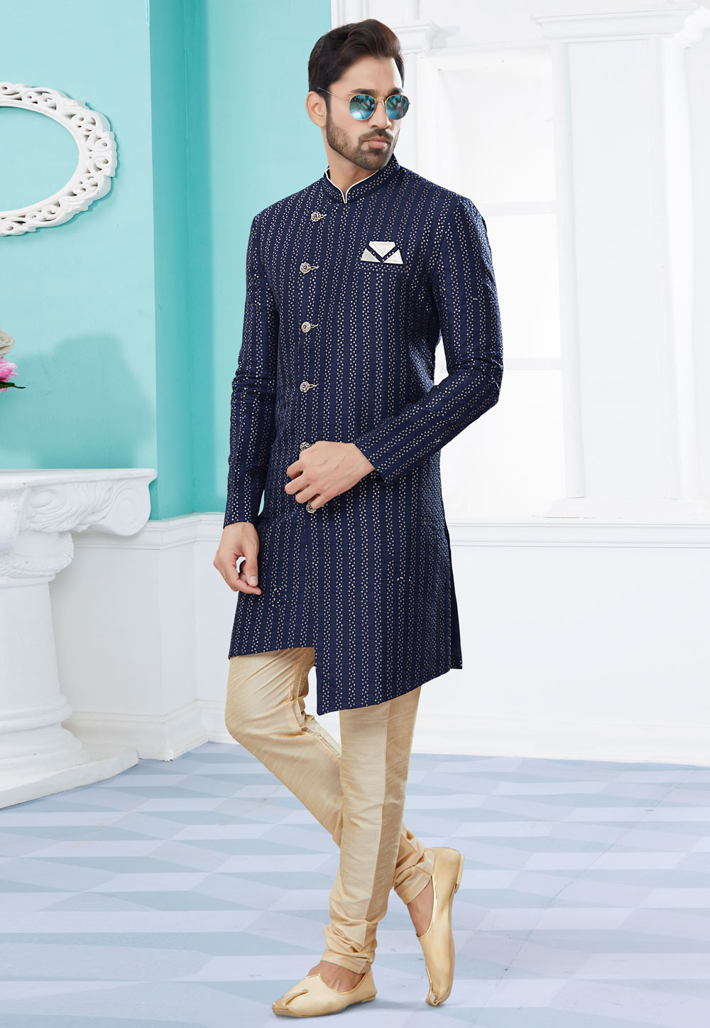 Navy Blue Jacquard Indo Western Suit 252029