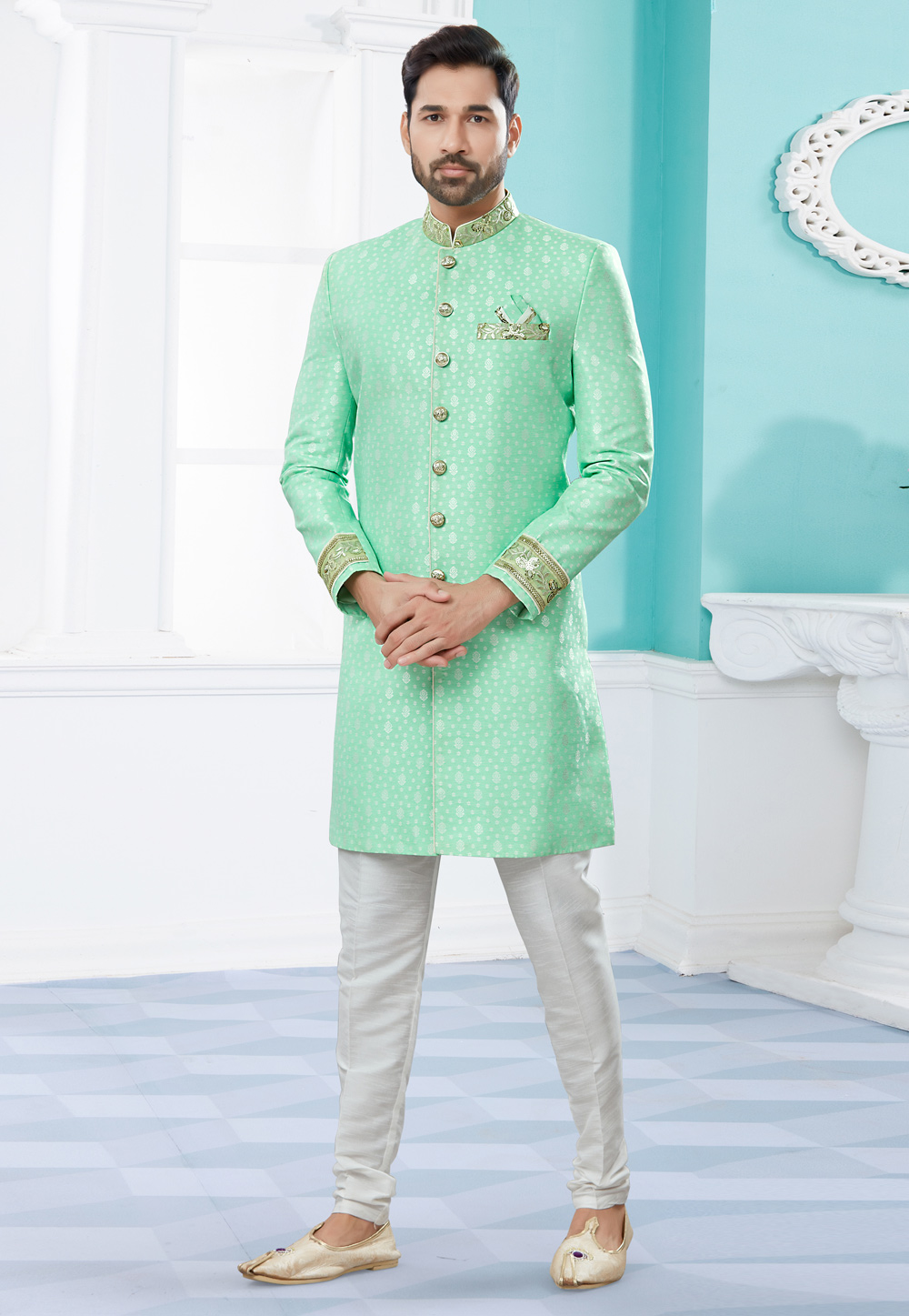 Light Green Jacquard Indo Western Suit 252032