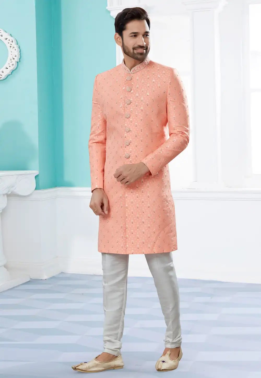 Peach Jacquard Indo Western Suit 252033