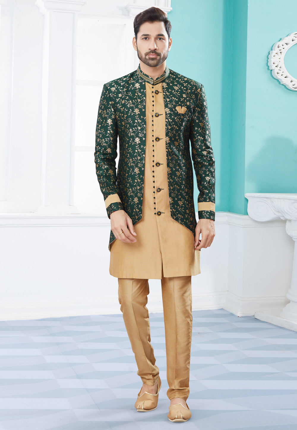 Beige Banarasi Jacquard Indo Western Suit 252036