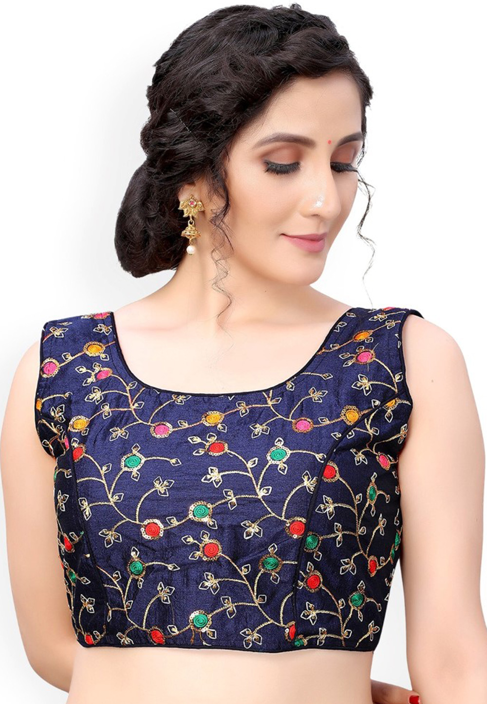 Navy Blue Dupion Silk Readymade Blouse 244910