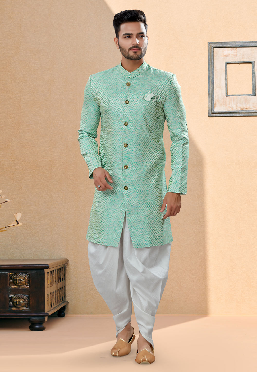 Sea Green Banarasi Jacquard Indo Western Suit 252044