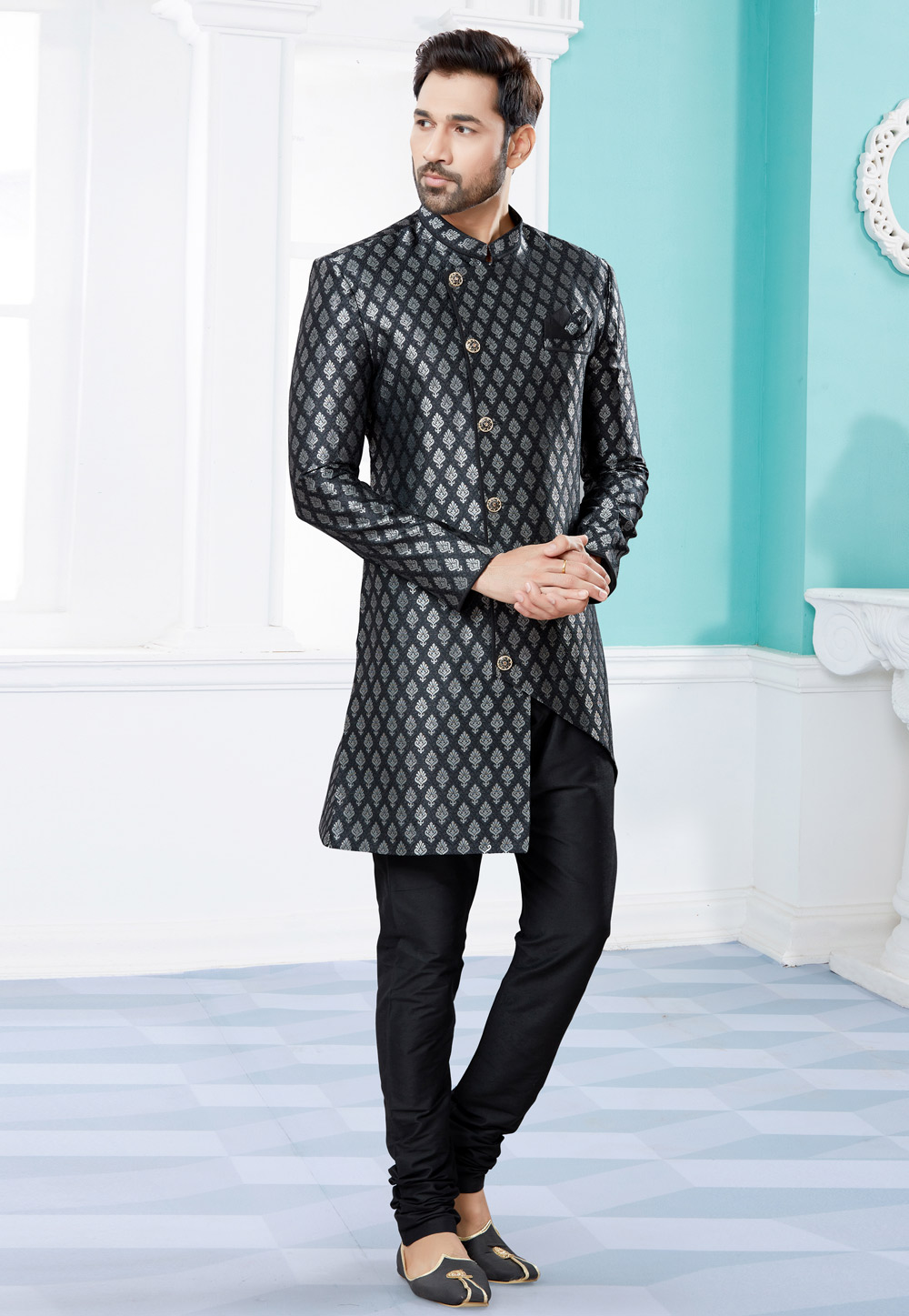 Black Banarasi Jacquard Indo Western Suit 252047