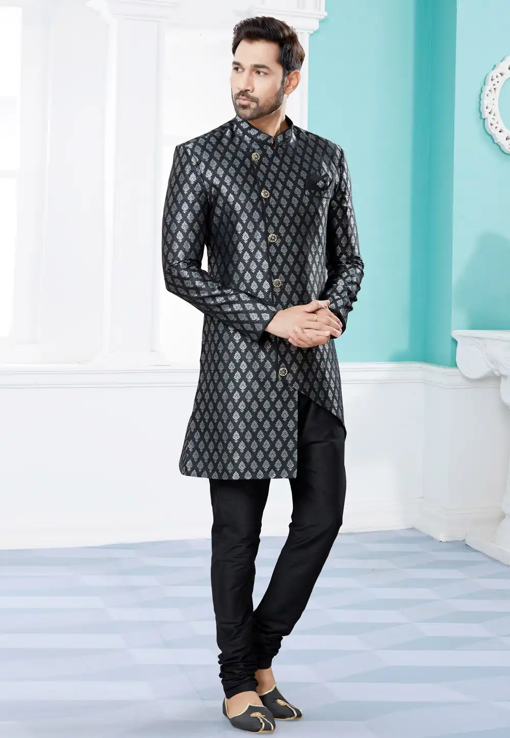 Black Banarasi Jacquard Indo Western Suit 252047