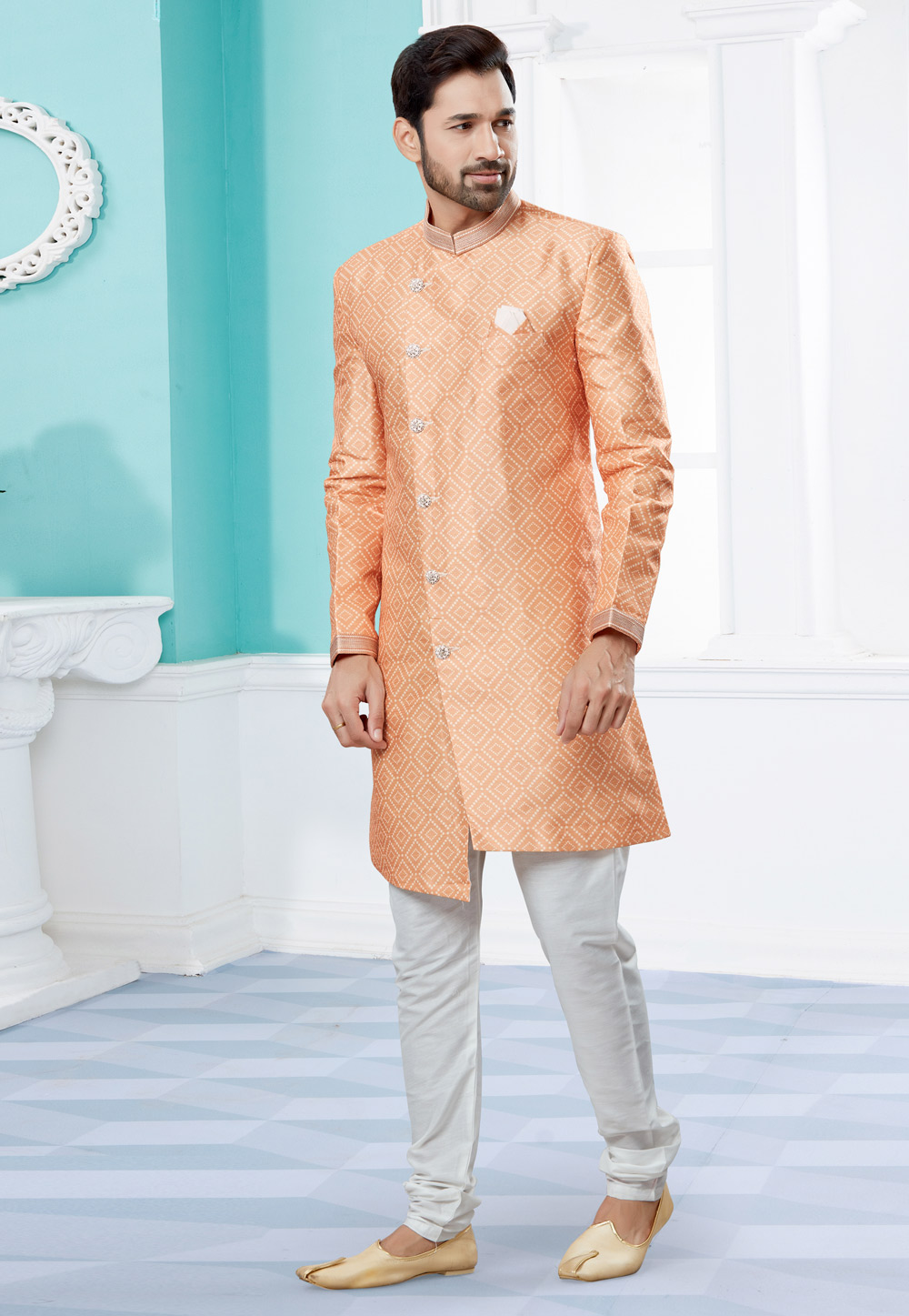 Peach Jacquard Indo Western Suit 252050