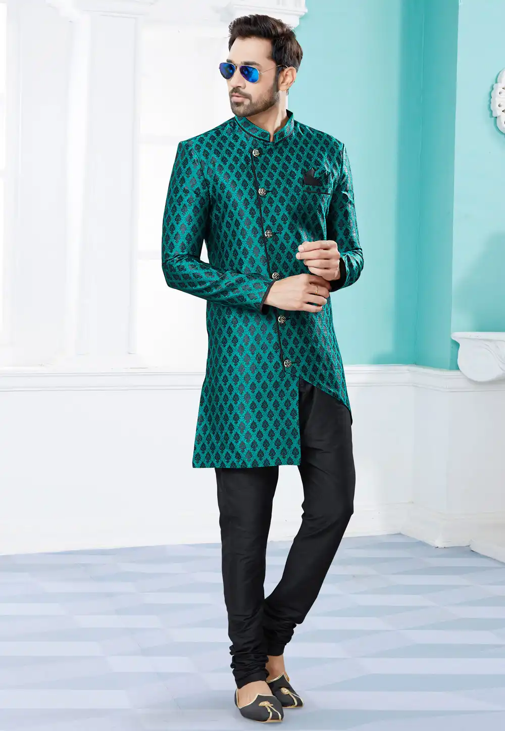 Green Banarasi Jacquard Indo Western Suit 252051