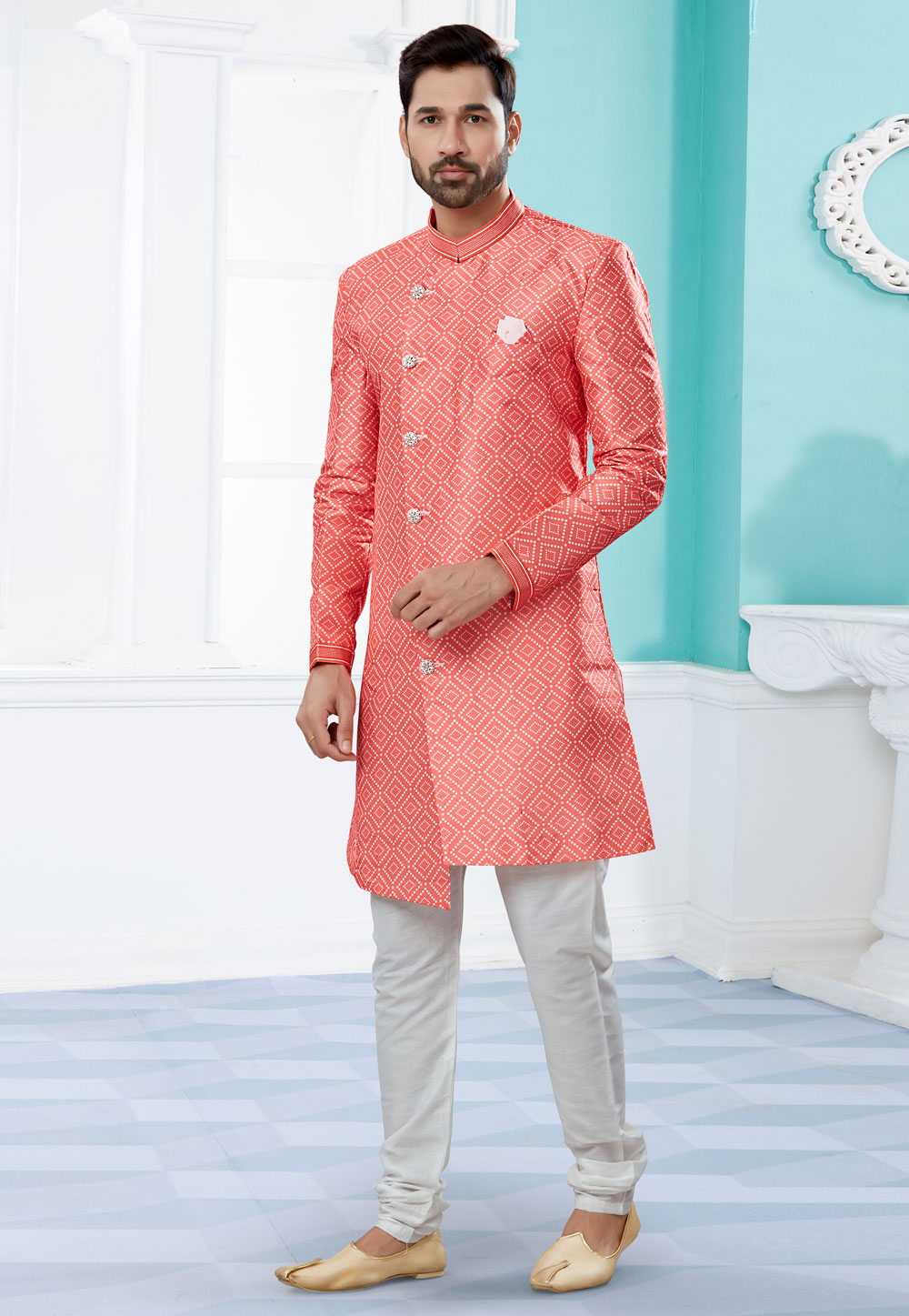 Pink Jacquard Indo Western Suit 252053