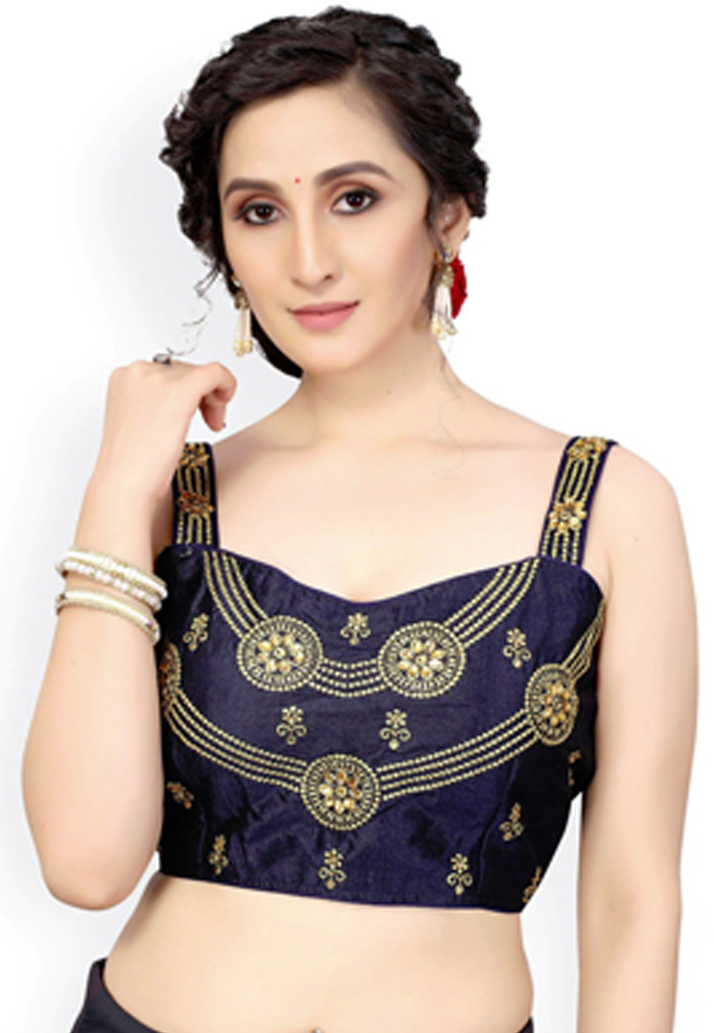 Navy Blue Dupion Silk Readymade Blouse 244911