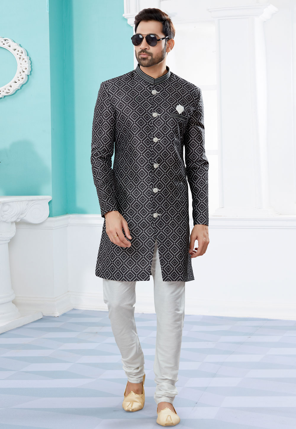 Black Jacquard Indo Western Suit 252054