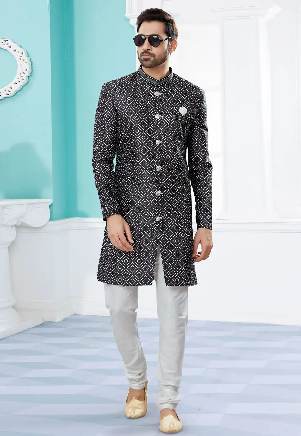 Black Jacquard Indo Western Suit 252054
