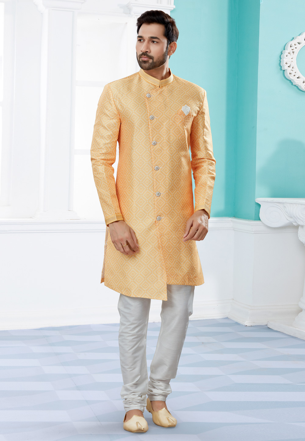 Light Yellow Jacquard Indo Western Suit 252057