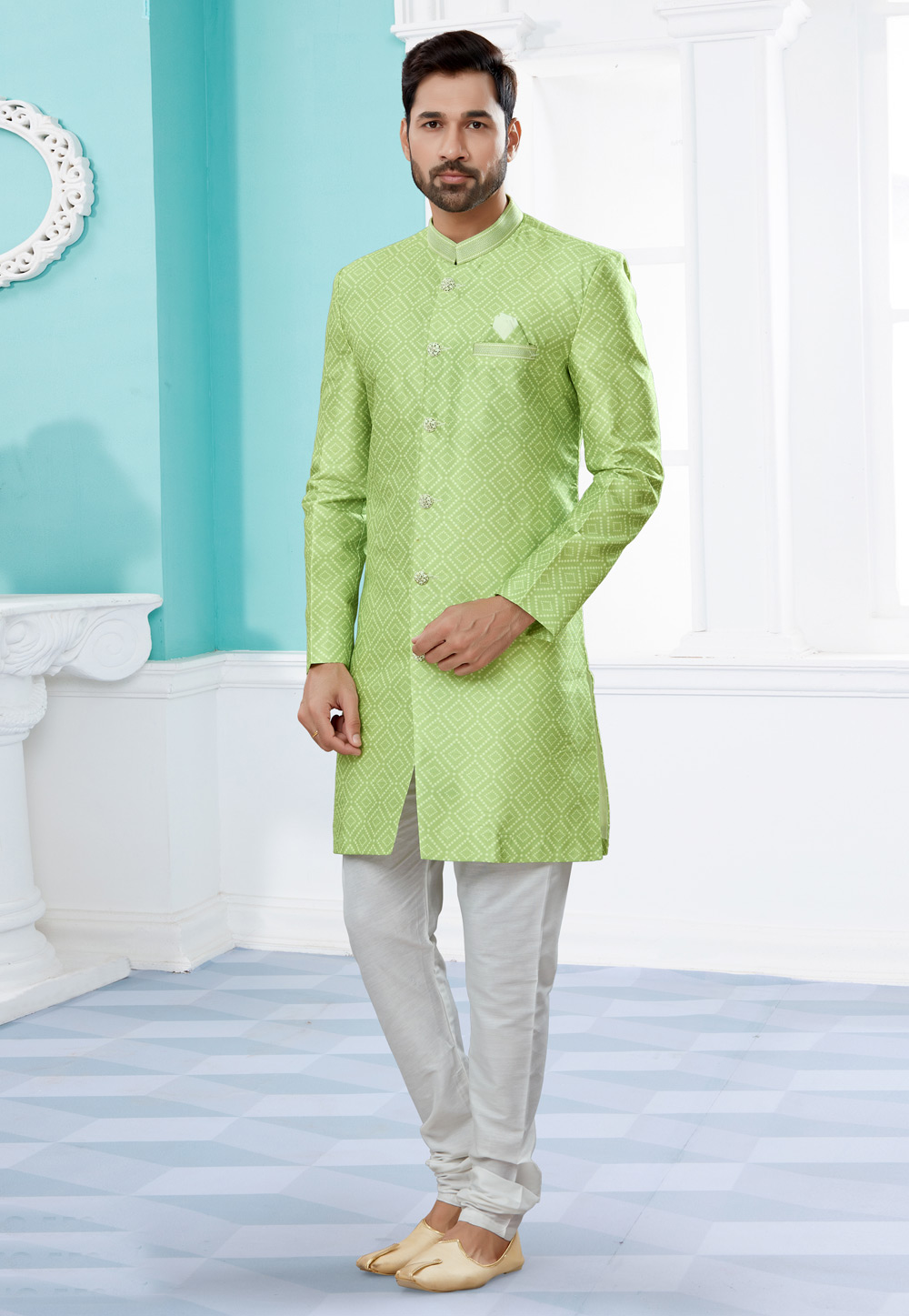 Light Green Jacquard Indo Western Suit 252058