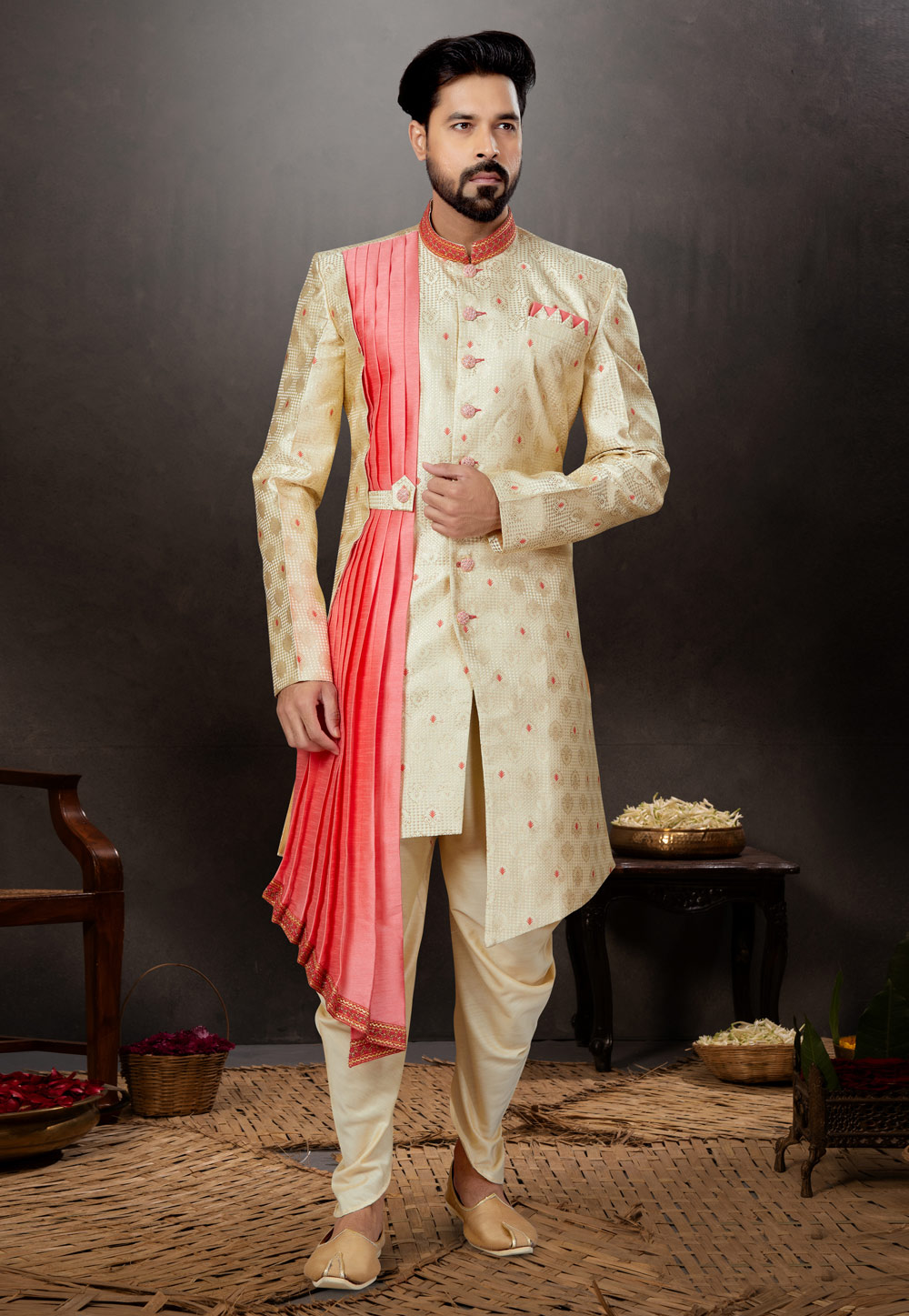 Golden Jacquard Indo Western Suit 259294