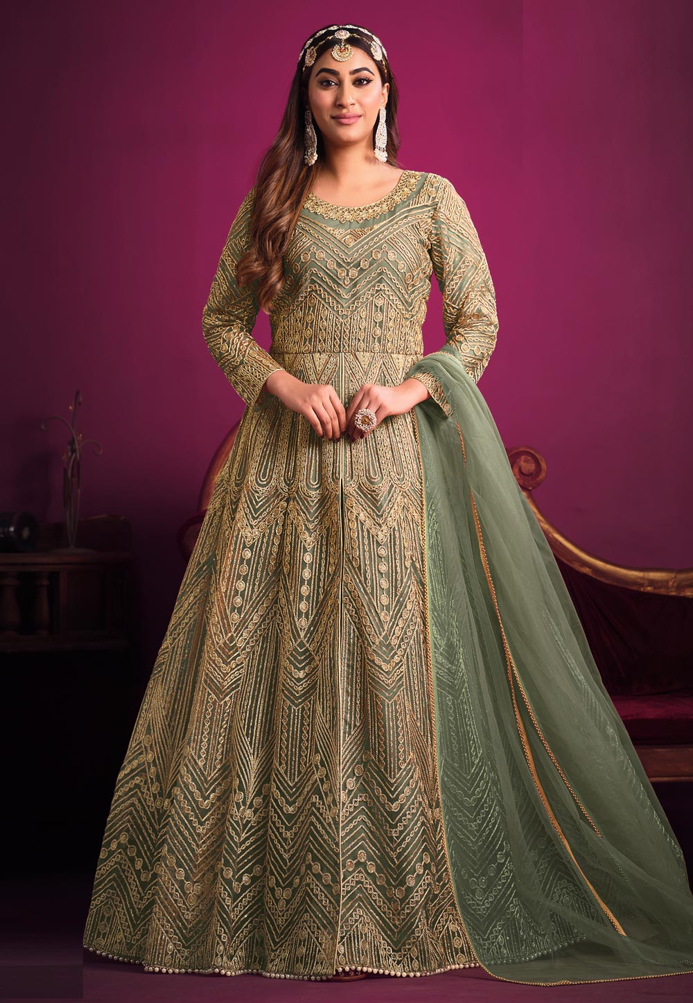 Camo Green Net Embroidered Pant Style Suit 261142