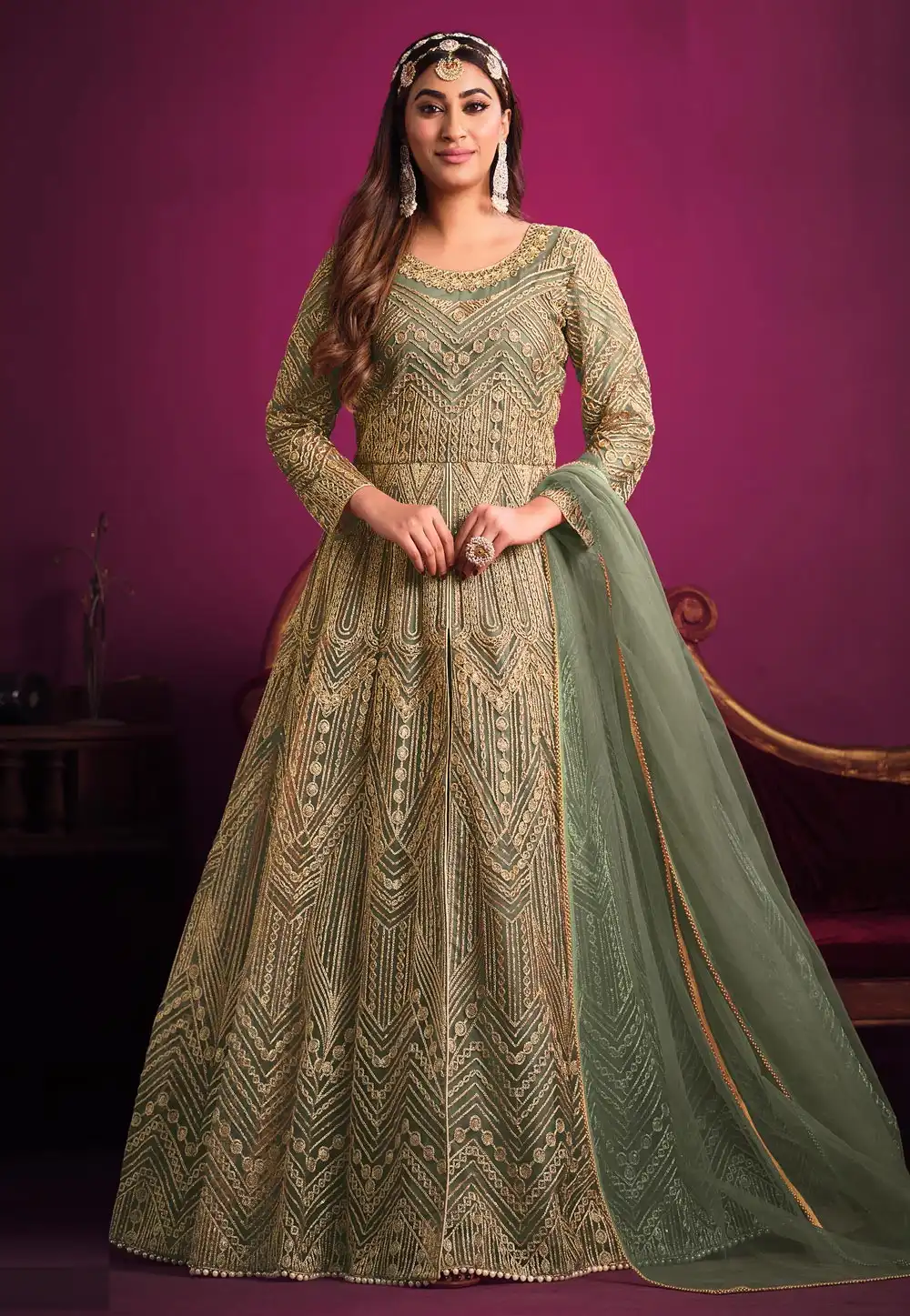 Camo Green Net Embroidered Pant Style Suit 261142